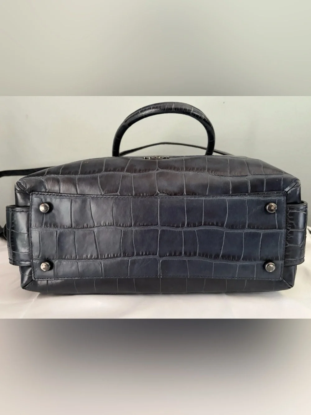 COACH Brooklyn Carryall 28 Navy Blue Croc Embossed Leather Crossbody Satchel Bag